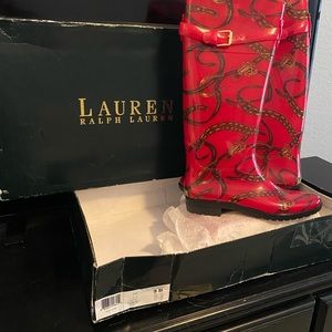 New/never worn.  Lauren-Ralph Lauren rain boots size 9B red/gold chain design.
